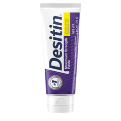 Desitin Maximum Strength Diaper Rash Cream tube provides a protective barrier for irritated baby skin.