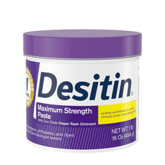 Desitin maximum-strength diaper rash paste in a 16 oz jar for quick relief.