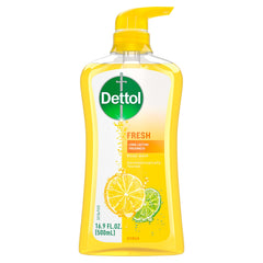 Dettol Fresh Body Wash bottle front view shows long-lasting freshness for daily showers.