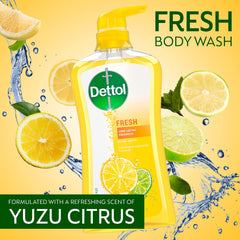 Dettol Fresh Body Wash pour shot demonstrates easy dispense and lasting cleanliness.