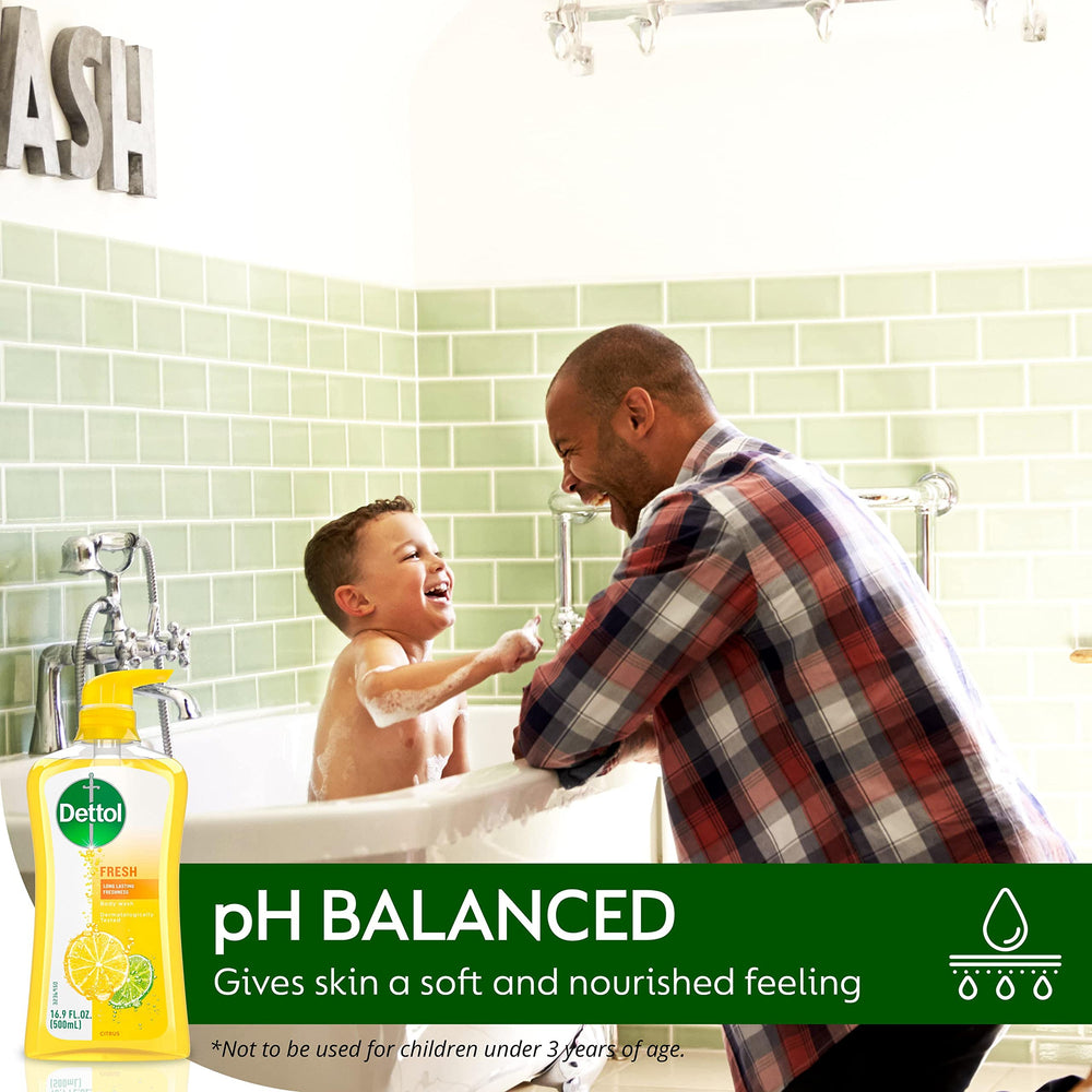 Dettol Fresh Body Wash label close-up highlights pH-balanced formula for gentle cleansing.