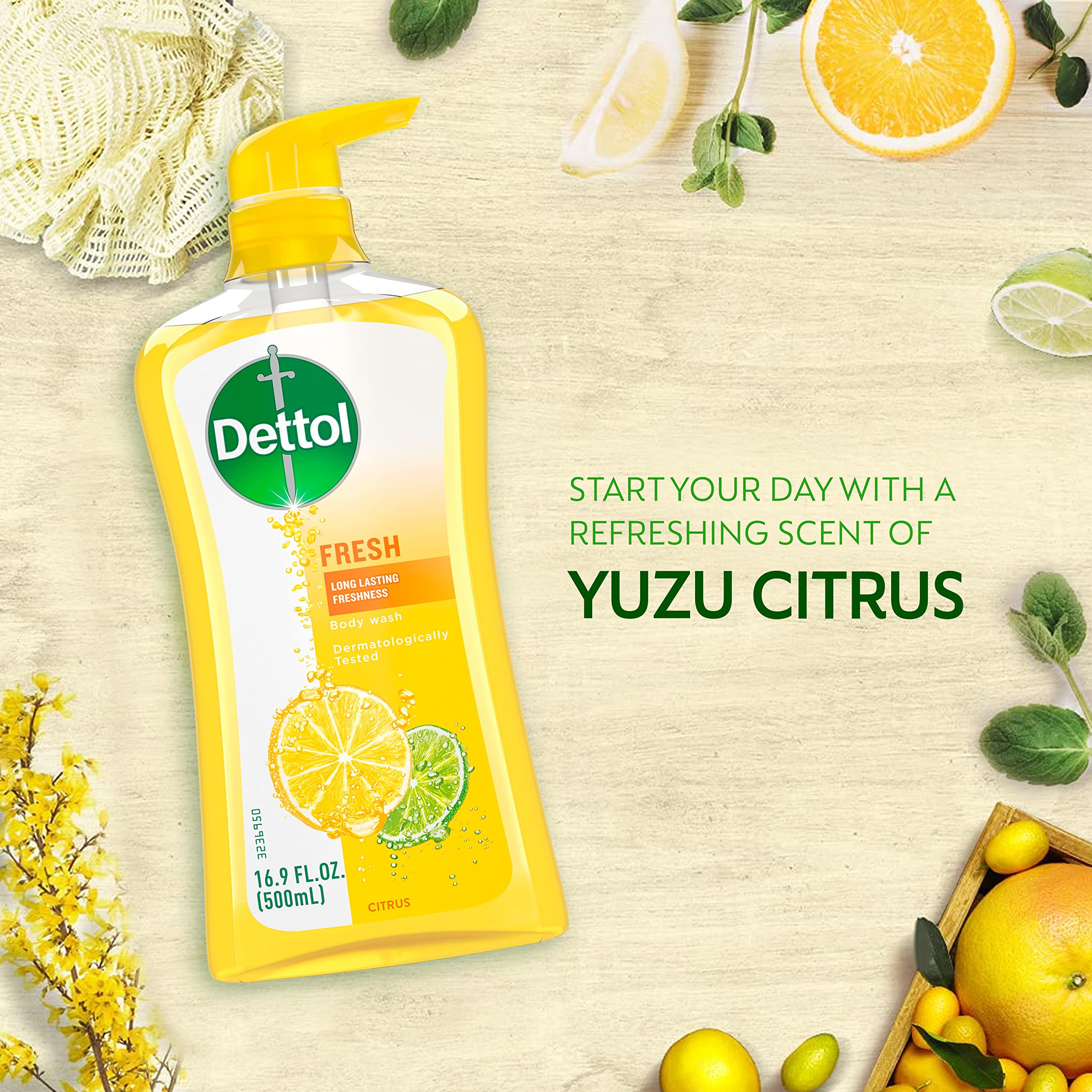 Dettol Fresh Body Wash in a shower scene with citrus notes and refreshing vibe.