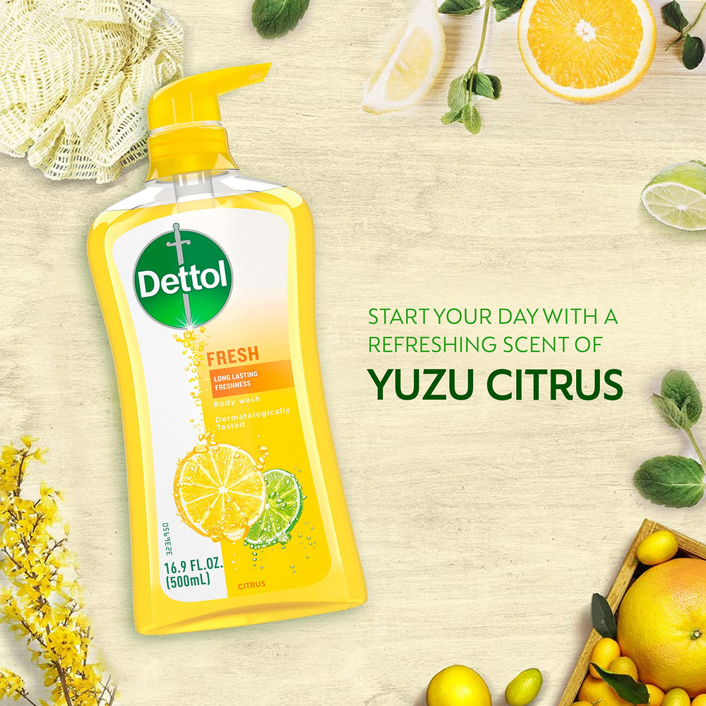 Dettol Fresh Body Wash in a shower scene with citrus notes and refreshing vibe.