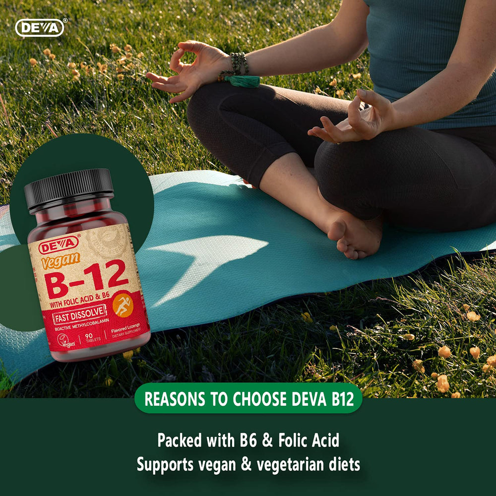 DEVA B12 ingredient panel featuring methylcobalamin and B vitamins.