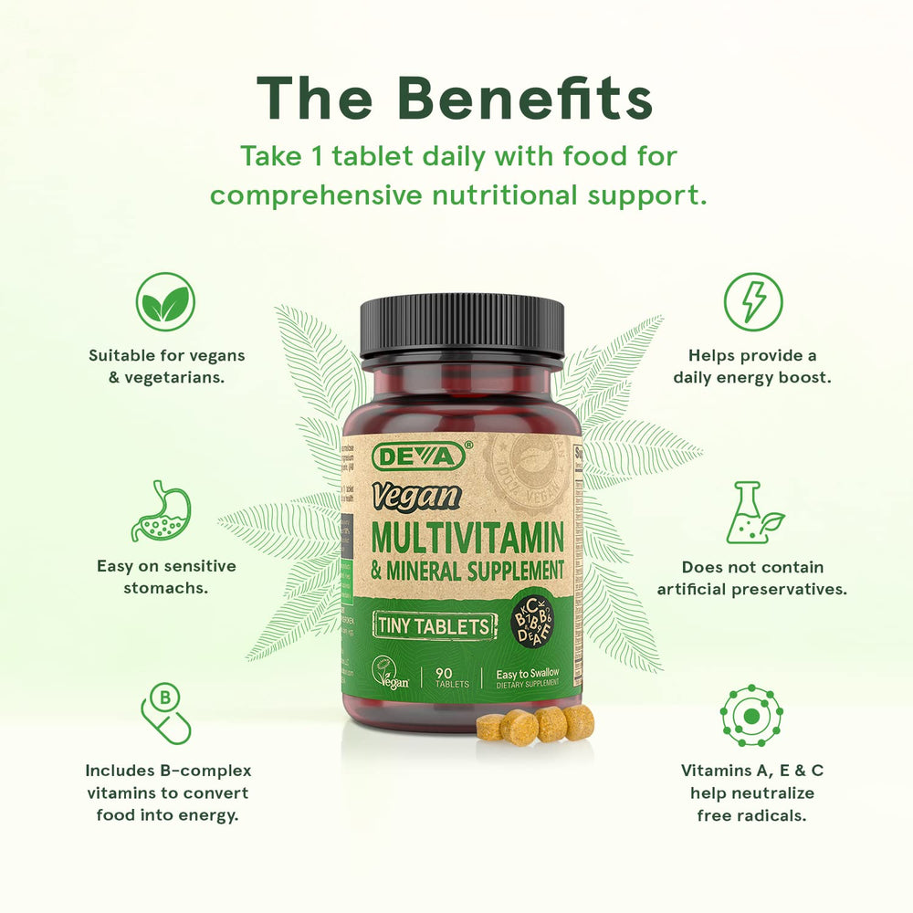 DEVA Tiny Tablets 90-count pack emphasizing value and convenience