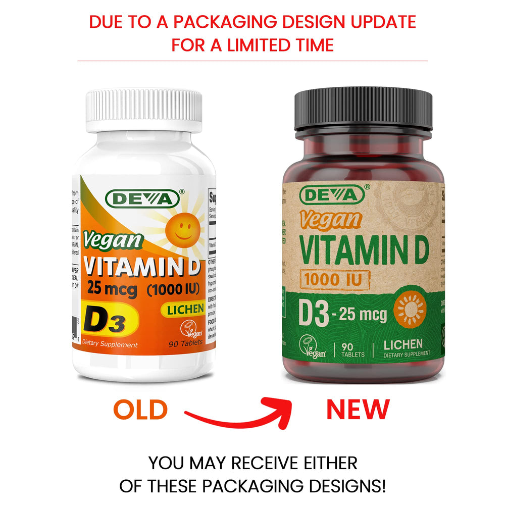 Bottle of DEVA Vegan D3 with 1000 IU per tablet for daily D3, plant-derived.