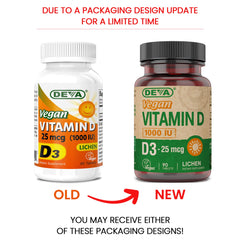 Bottle of DEVA Vegan D3 with 1000 IU per tablet for daily D3, plant-derived.