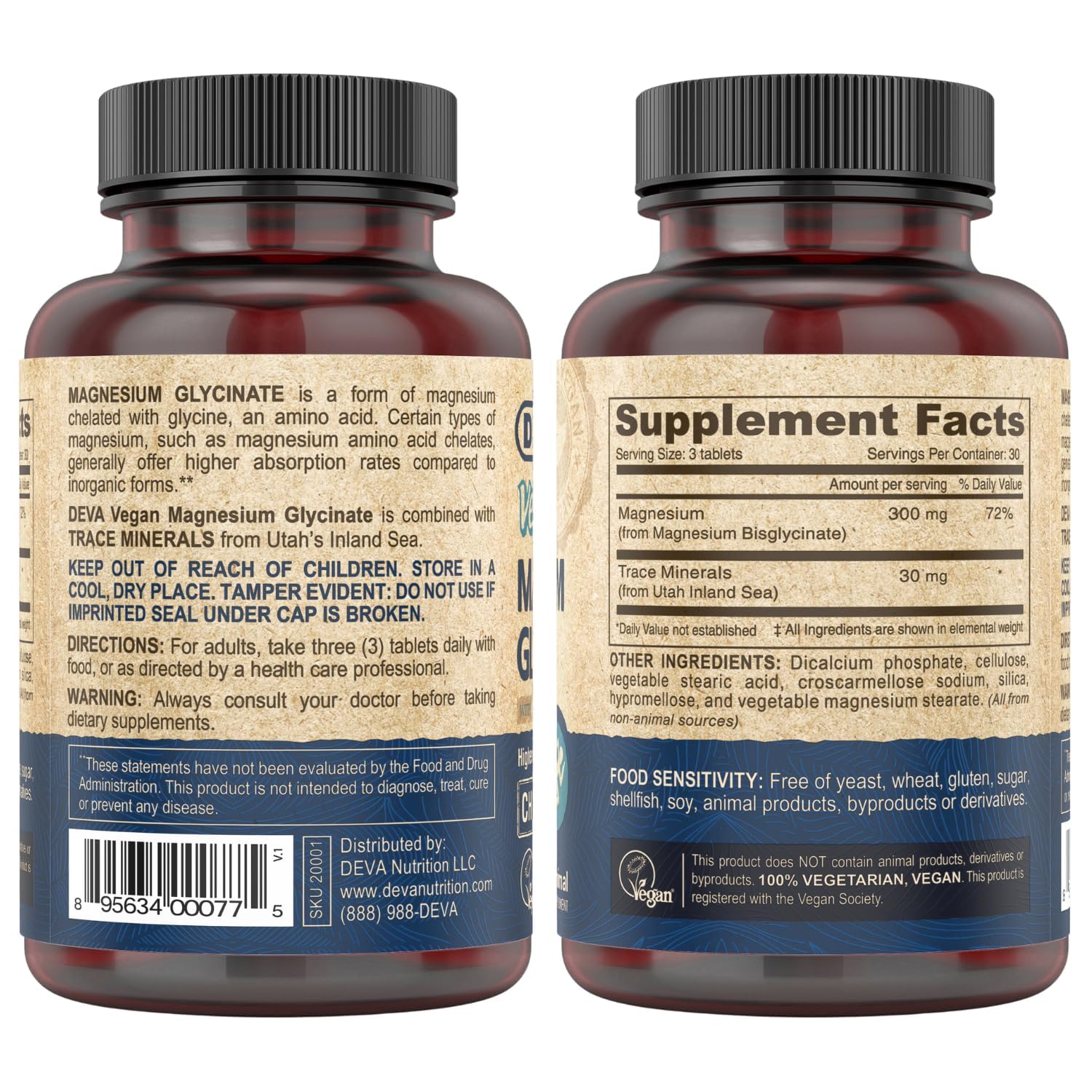 Close-up of DEVA tablets showing gentle, absorbable magnesium glycinate for everyday support.