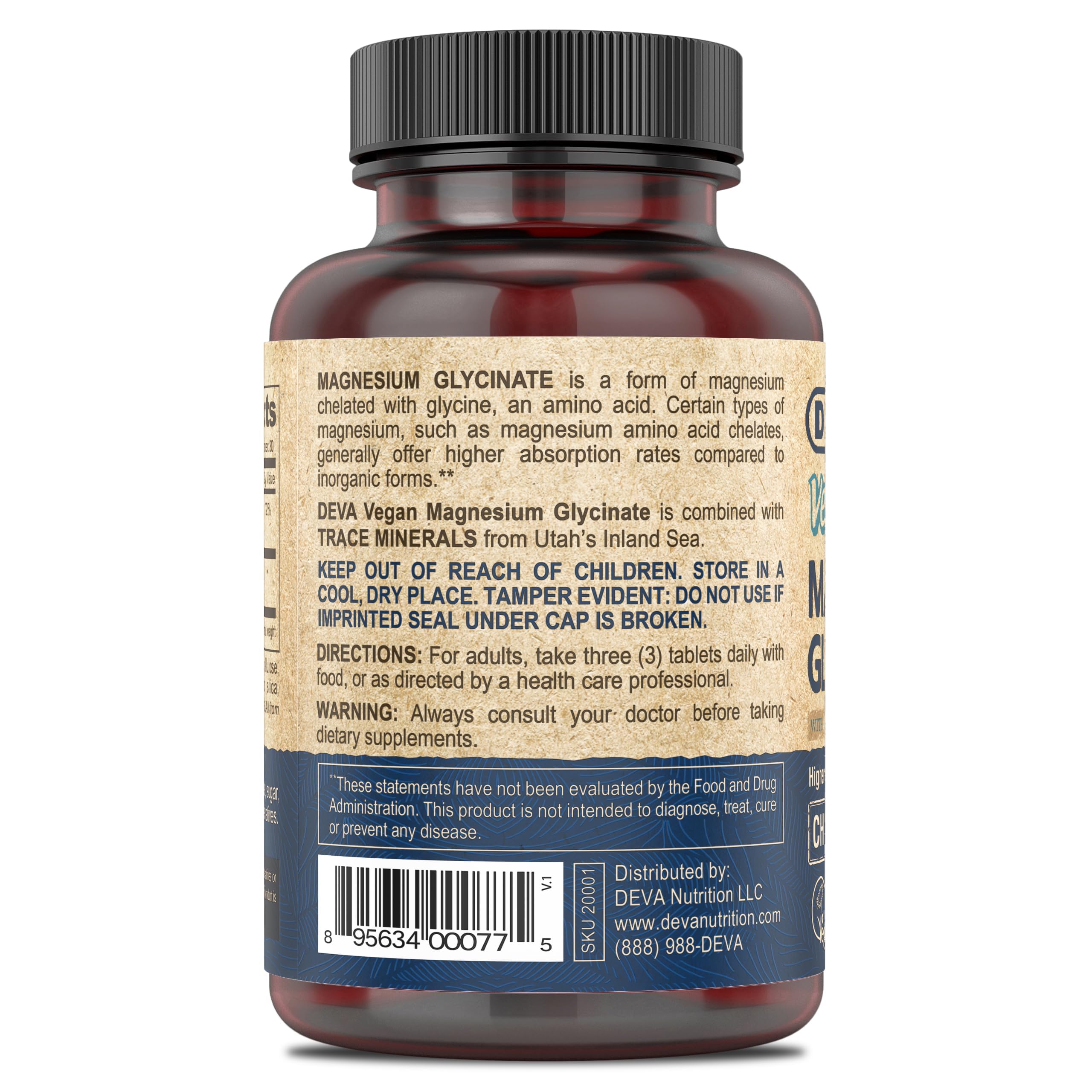 DEVA vegan magnesium glycinate tablets close-up, highlighting chelated formula for easy absorption.
