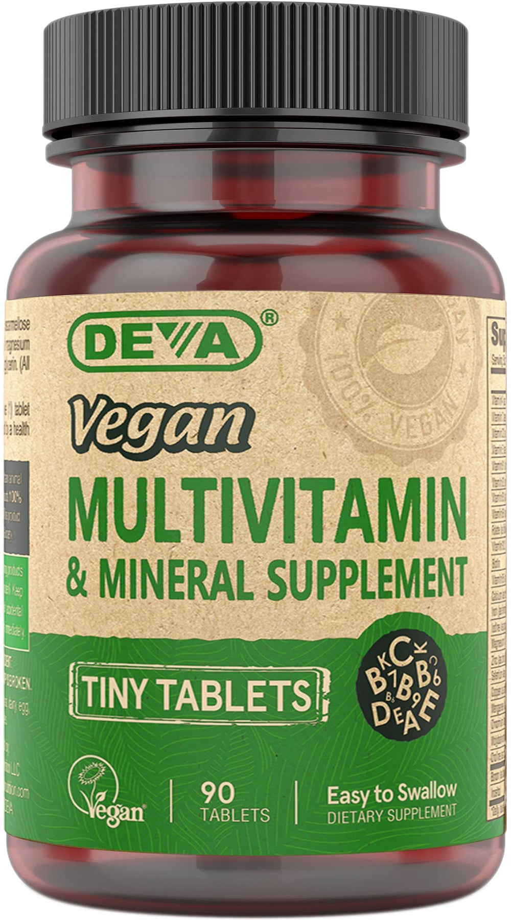 DEVA Vegan Multivitamin with 90 tiny tablets for daily nutrition support.