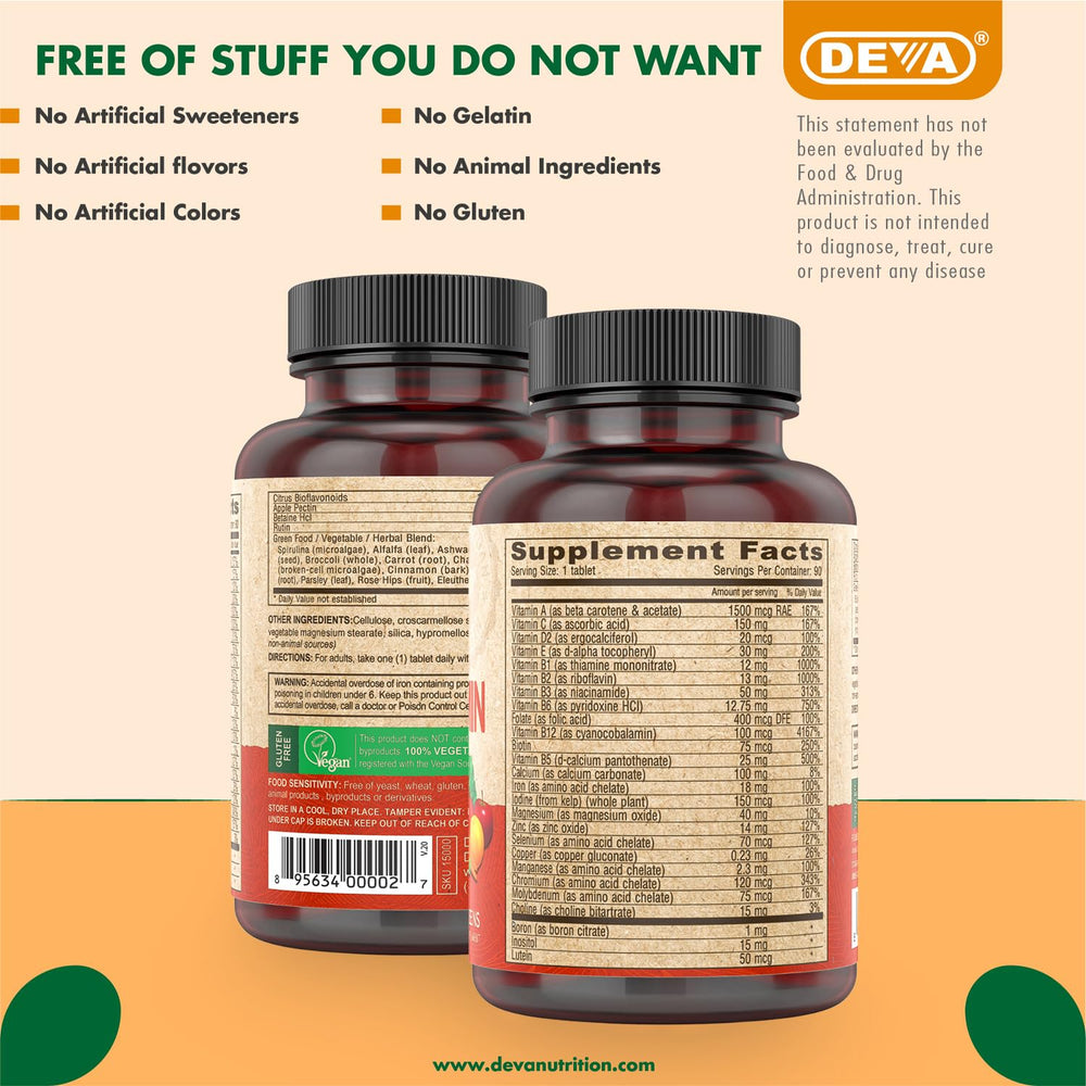 DEVA vegan multivitamin ashwagandha, hinting at gentle stress support.