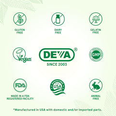 DEVA vegan multivitamin bottle back label, detailed vitamin and mineral content.