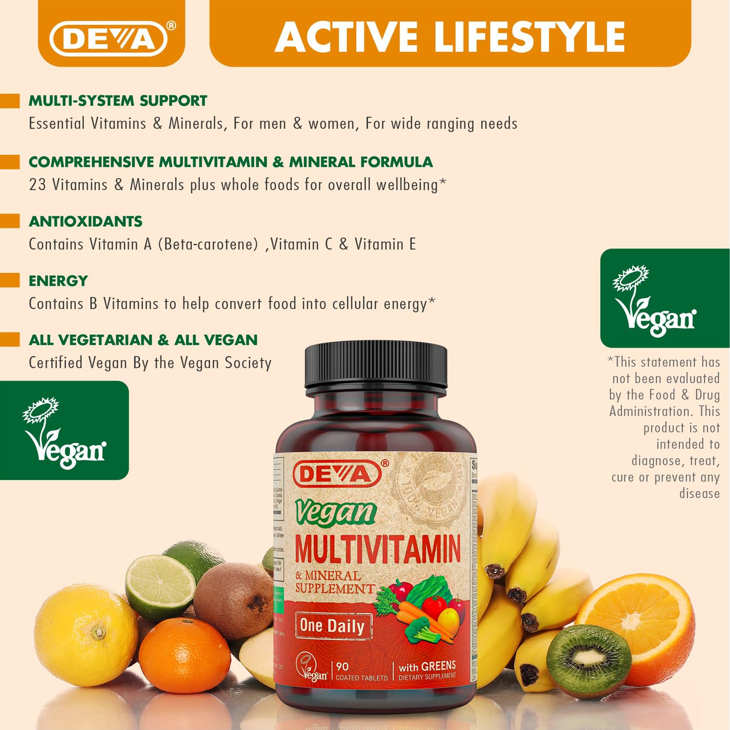 DEVA vegan multivitamin bottle on kitchen counter, fits into everyday routines.