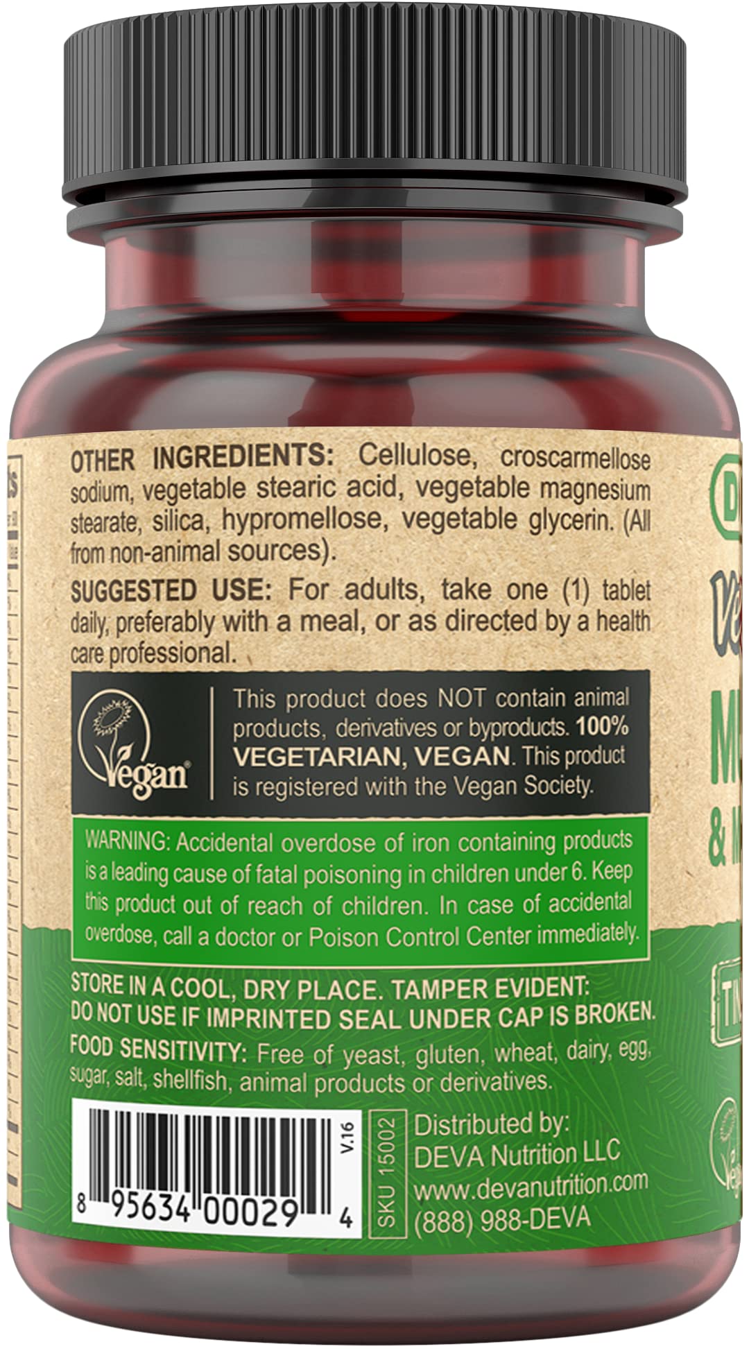 DEVA Vegan Multivitamin supports daily use with iron and zinc alongside vitamins.