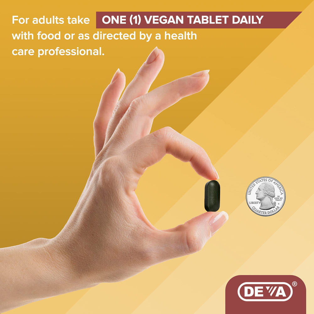 DEVA vegan multivitamin ingredients, featuring spirulina and chlorella greens.
