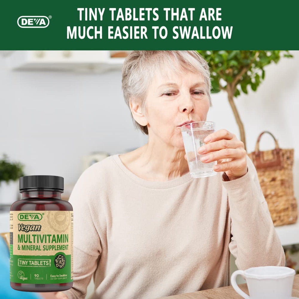 DEVA Vegan Multivitamin includes iron and zinc for essential minerals.