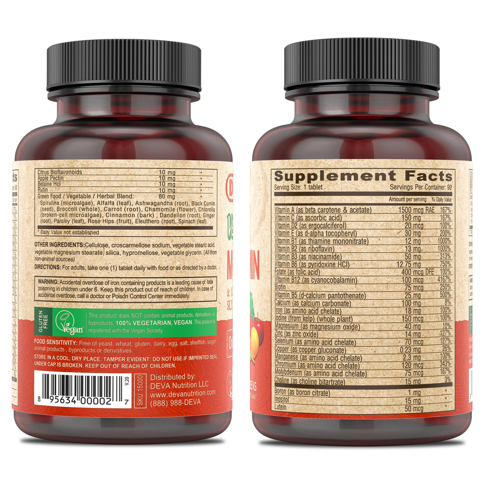 DEVA vegan multivitamin tablets close-up, easy-to-swallow coated tablets.