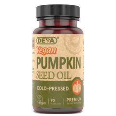DEVA Vegan Pumpkin Seed Oil bottle front emphasizes vegan purity and premium quality.