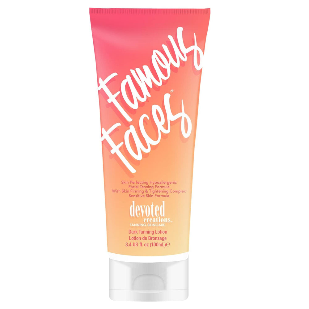 Devoted Creations Famous Faces bottle close-up for facial tanning with an even glow.
