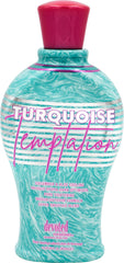 Devoted Creations Turquoise Temptation bottle closeup highlighting cooling hydration for a smoother tan.