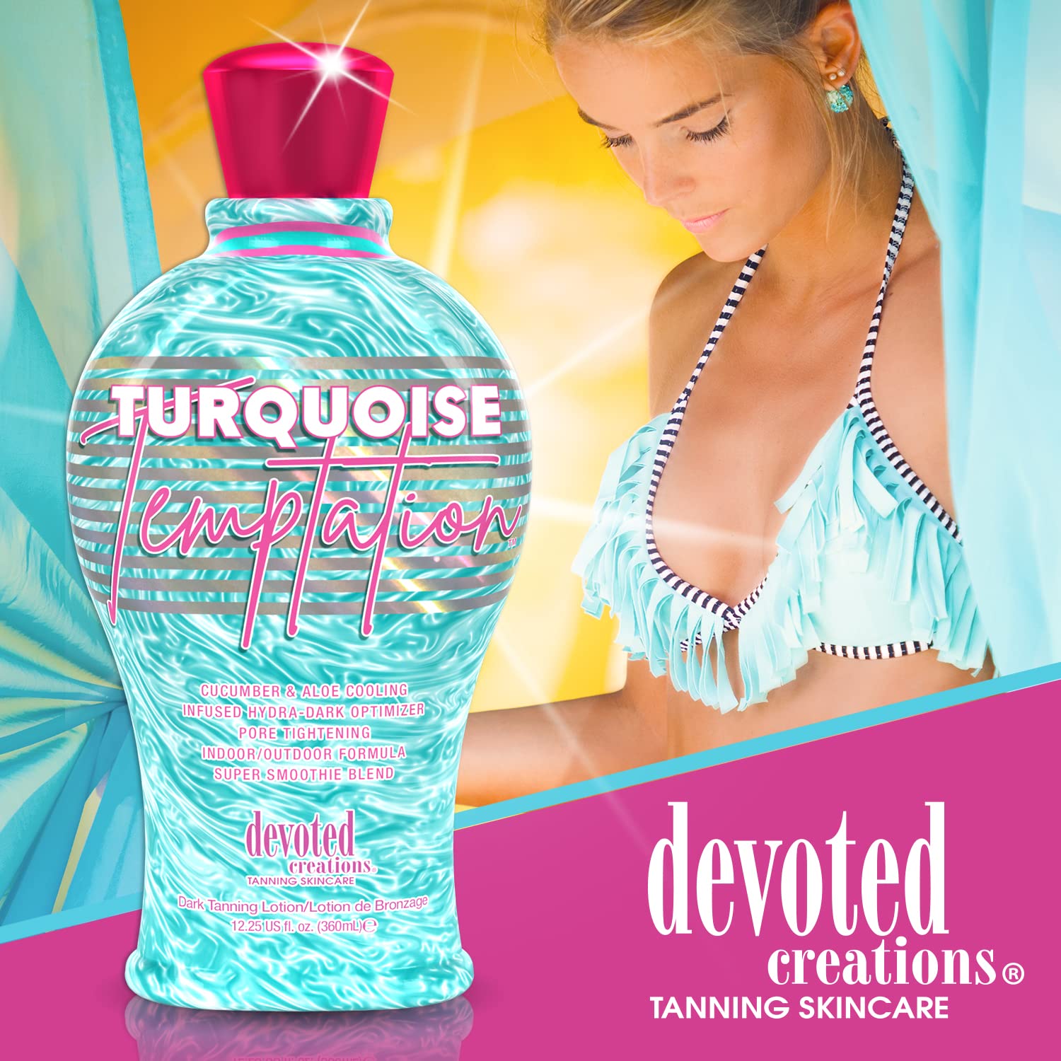 Devoted Creations Turquoise Temptation indoor-outdoor-use image shows versatile formula for all tanning environments.