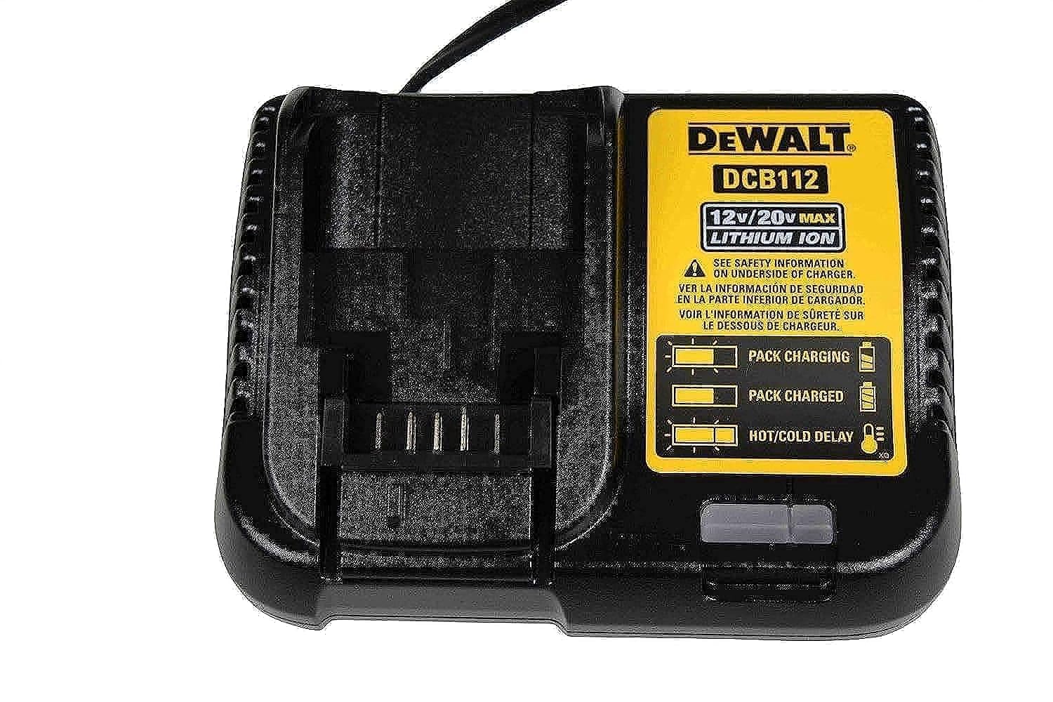 DEWALT DCB112 charger front view, compact on-site charging option.