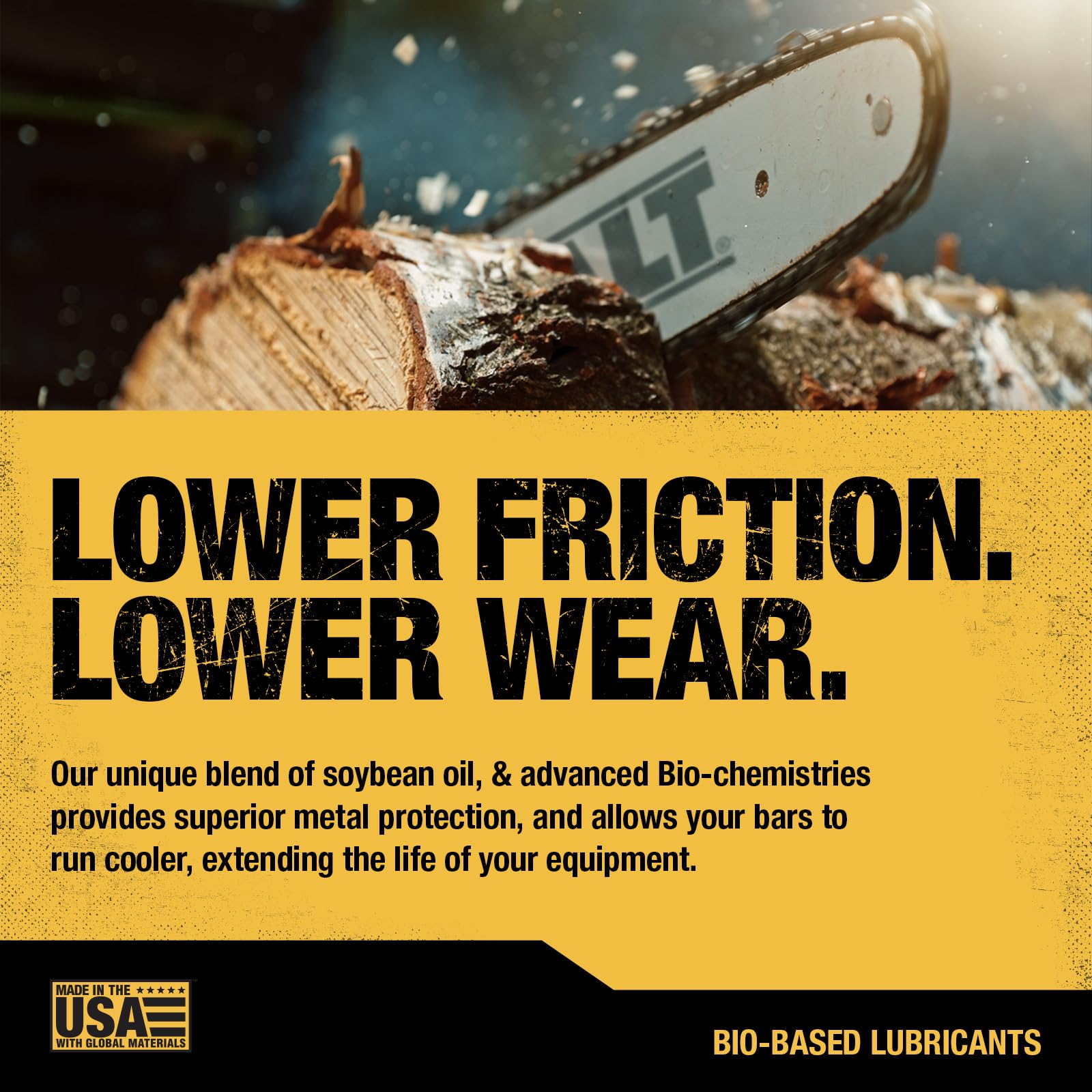 DEWALT bar and chain oil container emphasizes ultraclean formulation for all-season performance.