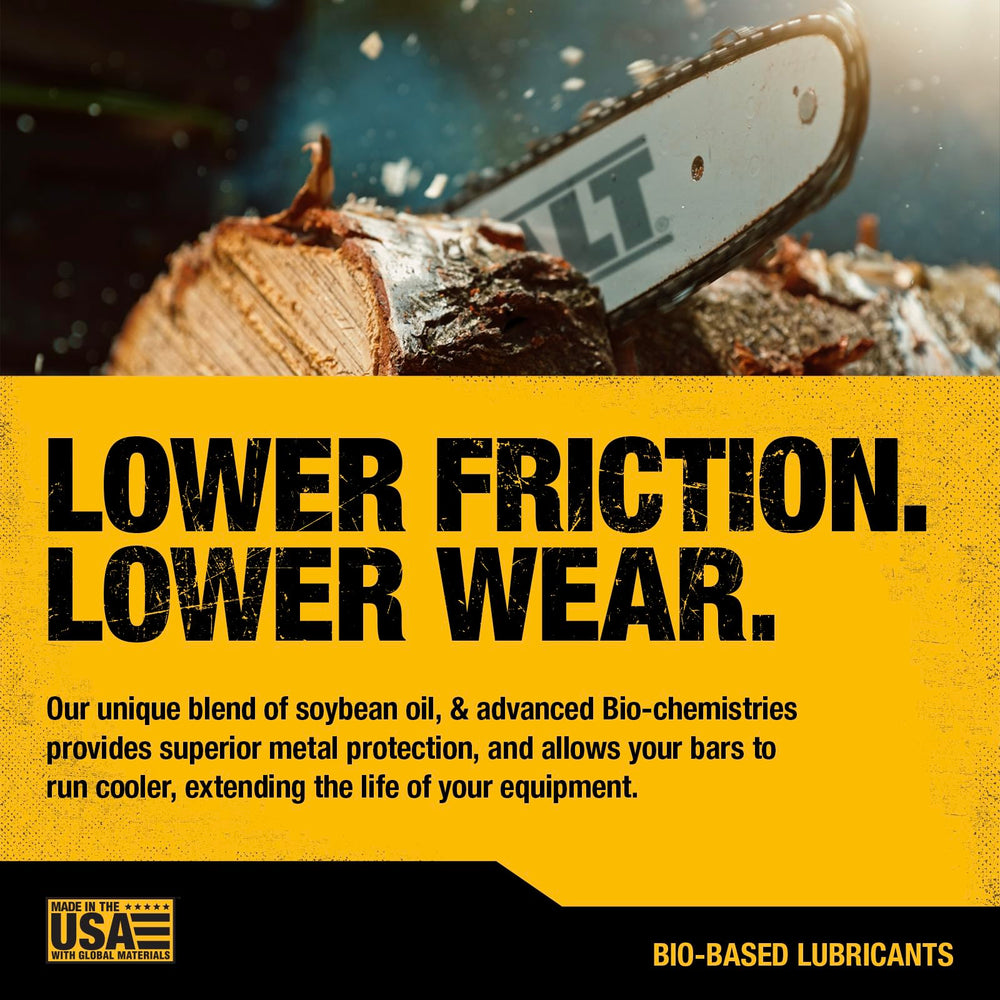 DEWALT bar and chain oil container emphasizes ultraclean formulation for all-season performance.