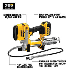 DEWALT grease gun kit LED light brightens dim work areas during lubrication.