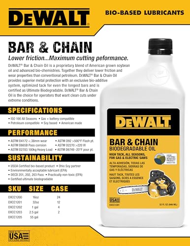 DEWALT green eco-friendly oil label communicates soy-based content and responsible use near waterways.
