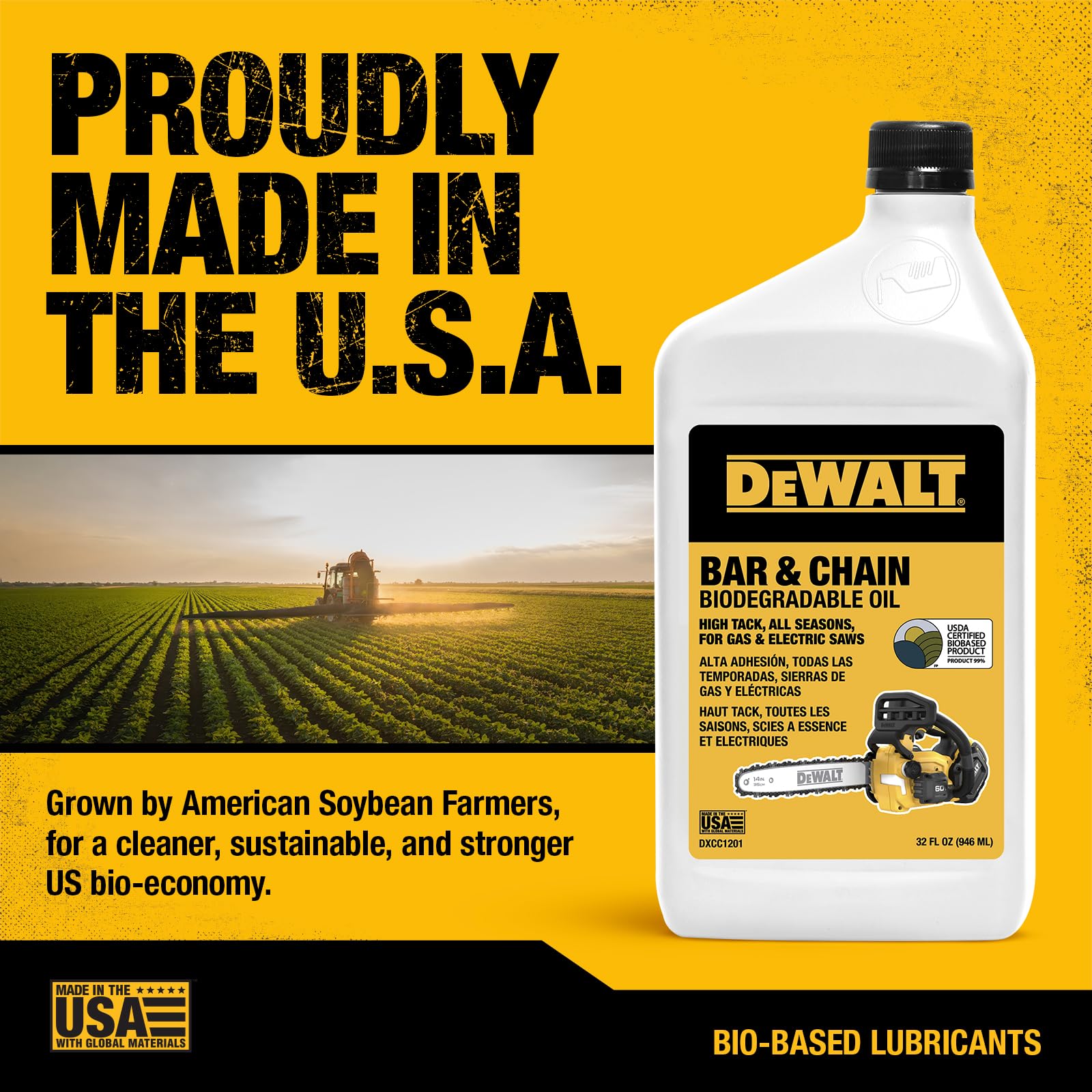 DEWALT green fluid color on label suggests environmentally friendly, soy-based components for responsible maintenance.