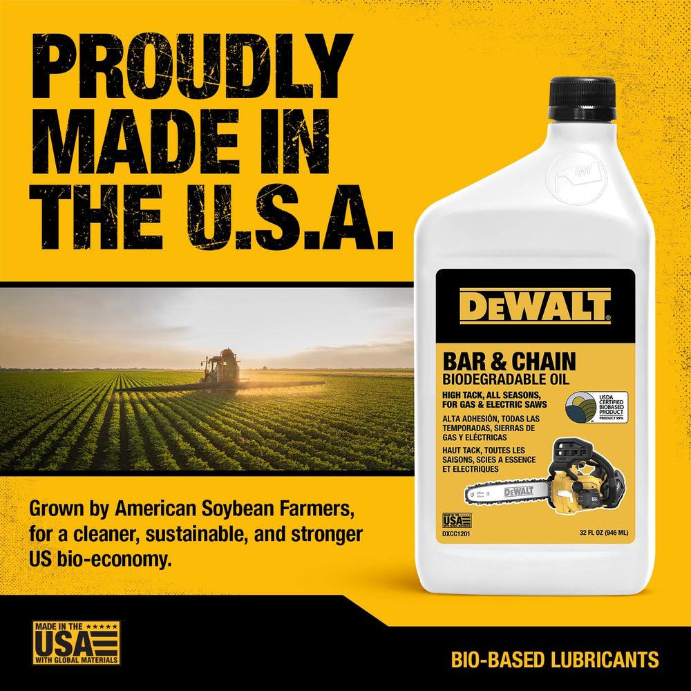 DEWALT green fluid color on label suggests environmentally friendly, soy-based components for responsible maintenance.