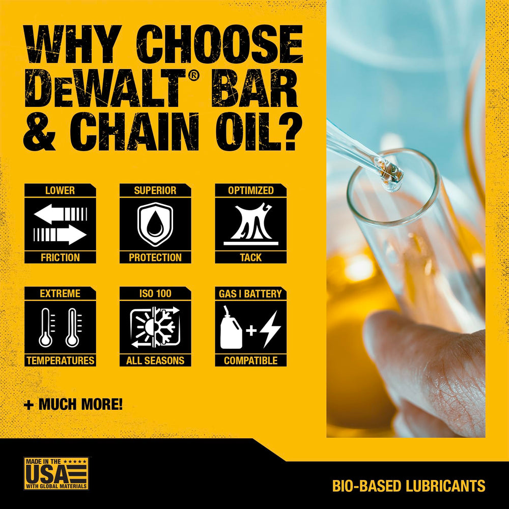 DEWALT oil in use on a chainsaw demonstrates smooth lubrication and reduced friction.