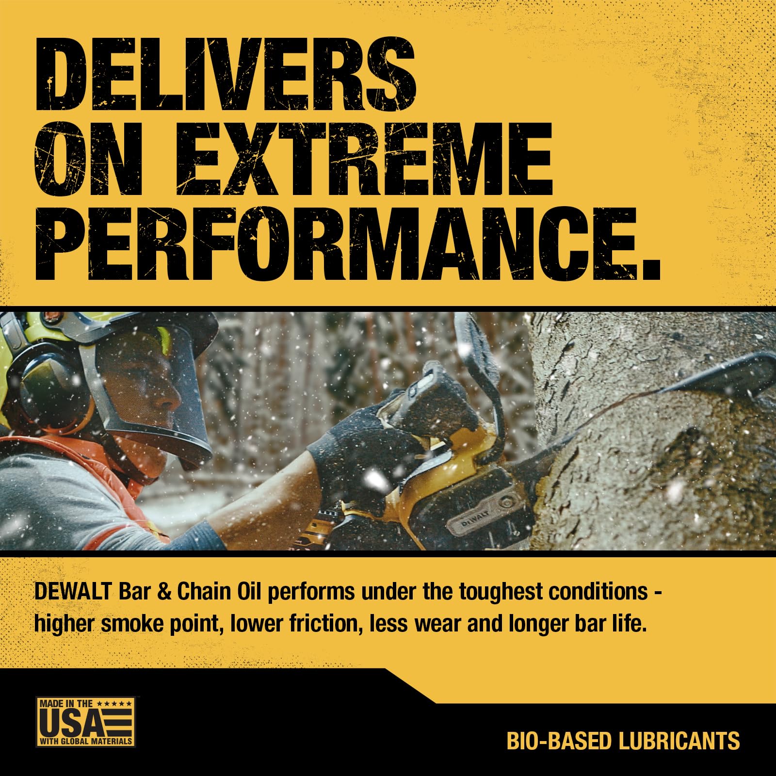 DEWALT pole saw and chainsaw compatibility shot shows versatile performance in outdoor pruning.