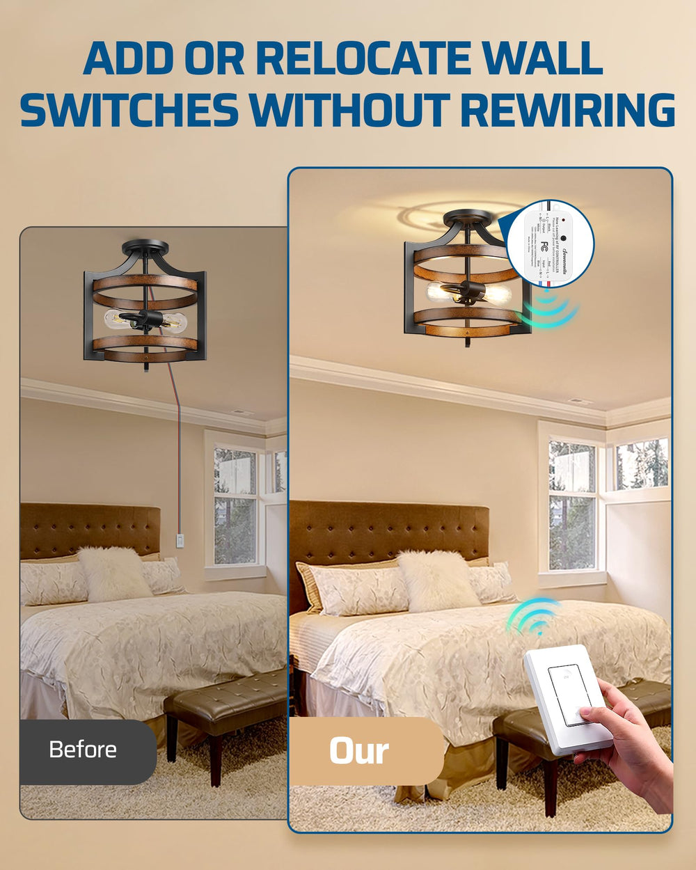DEWENWILS 100 ft RF range demonstrated through walls for seamless control.