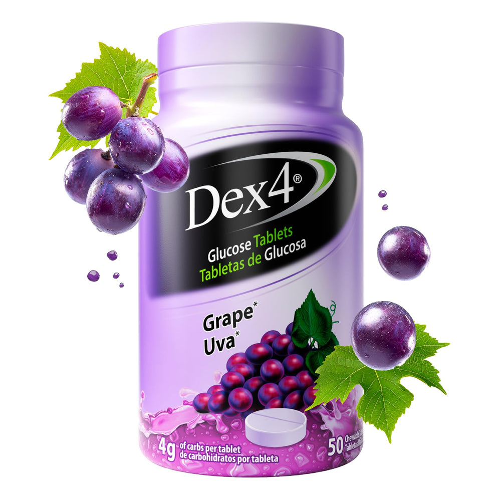 Close-up of Dex4 tablets highlights 4 g servings for quick energy.