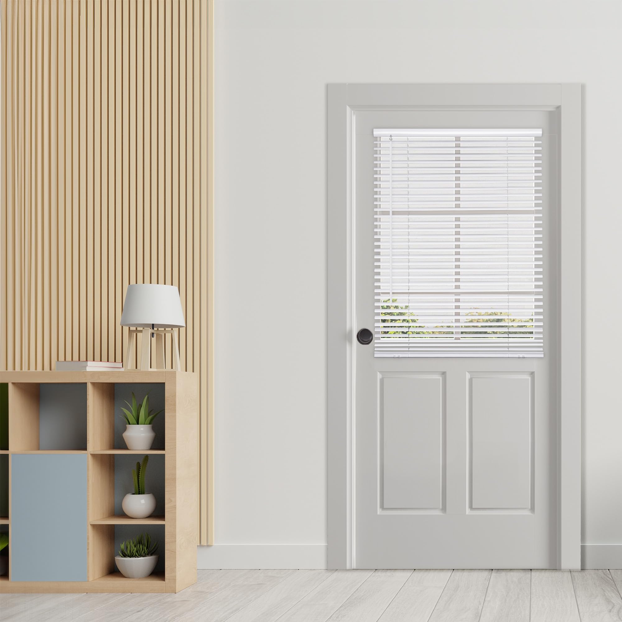 DEZ FURNISHINGS cordless no tools blinds on a magnetic metal door provide privacy and light control.