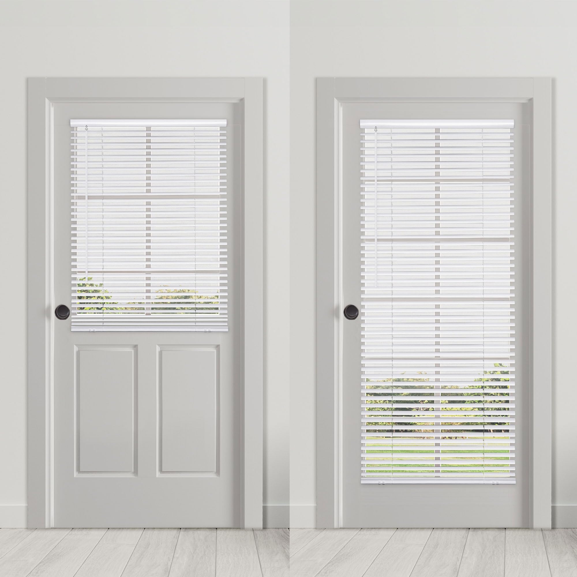 DEZ FURNISHINGS pearl off white slats with built in valance for a clean look.