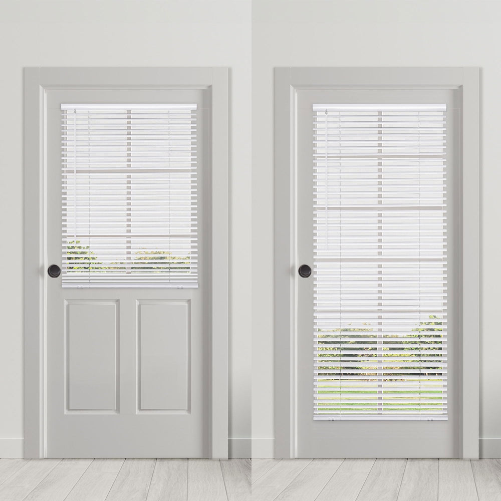 DEZ FURNISHINGS pearl off white slats with built in valance for a clean look.