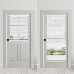 DEZ FURNISHINGS pearl off white slats with built in valance for a clean look.