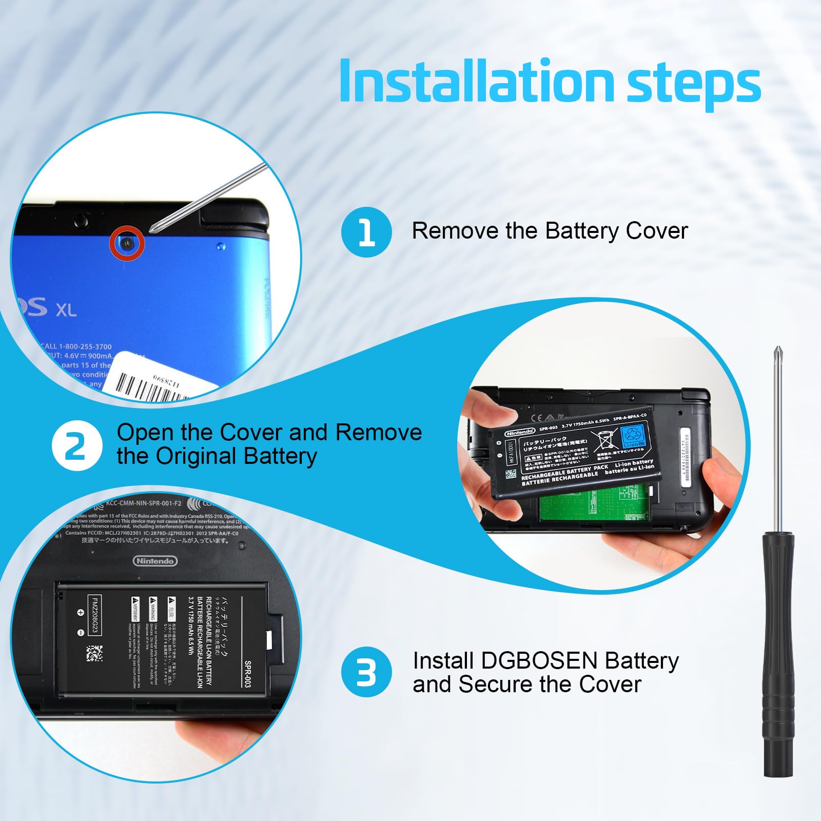 DGBOSEN packaging with replacement battery and toolkit