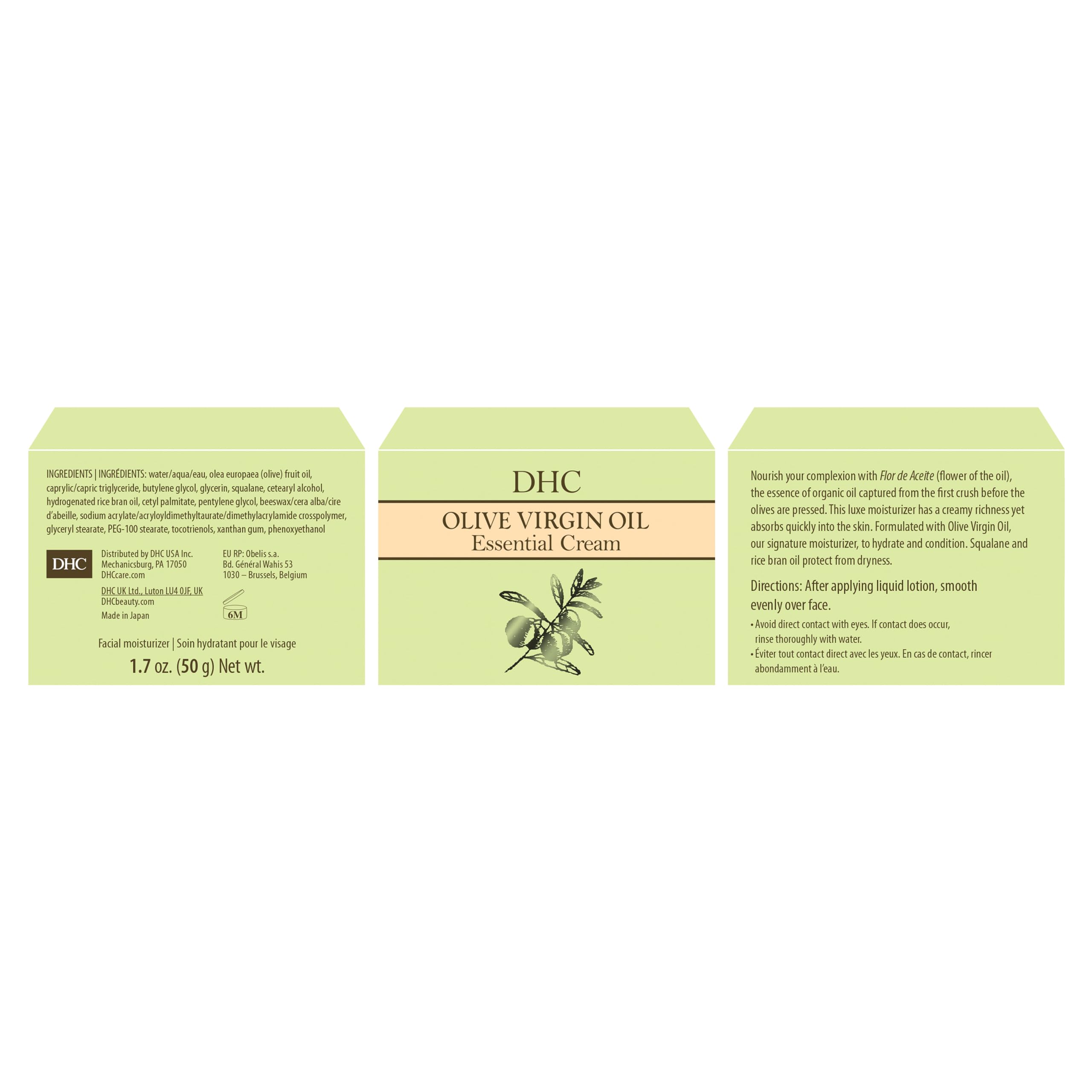 DHC Olive Virgin Oil Essential Cream packaging close-up highlights premium design