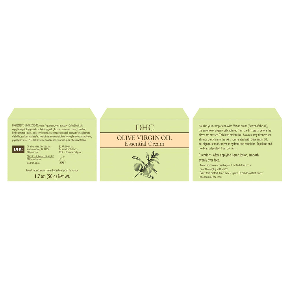 DHC Olive Virgin Oil Essential Cream packaging close-up highlights premium design