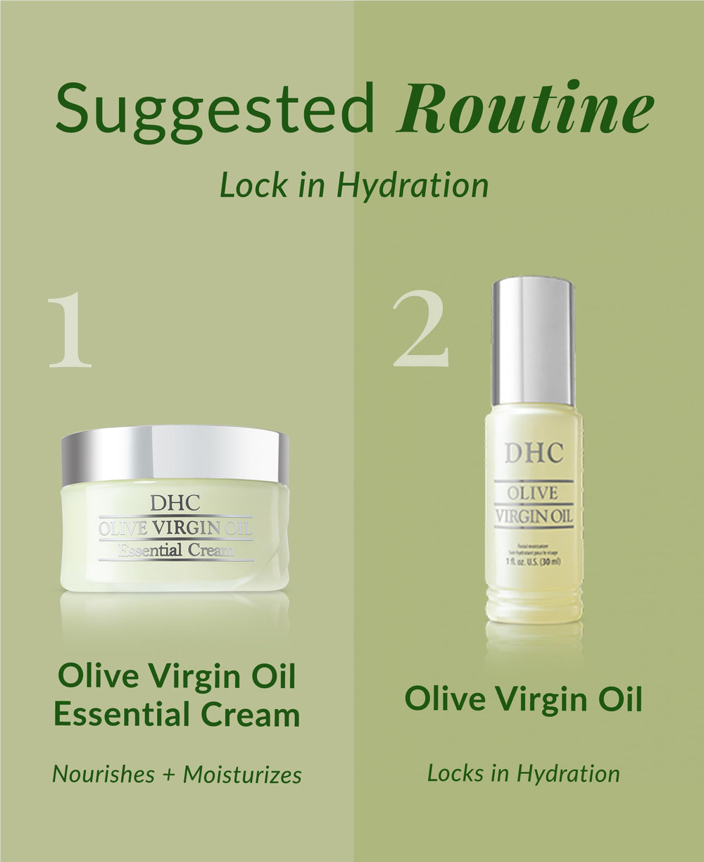 DHC Olive Virgin Oil Essential Cream bottle emphasizes Spanish origin olive oil