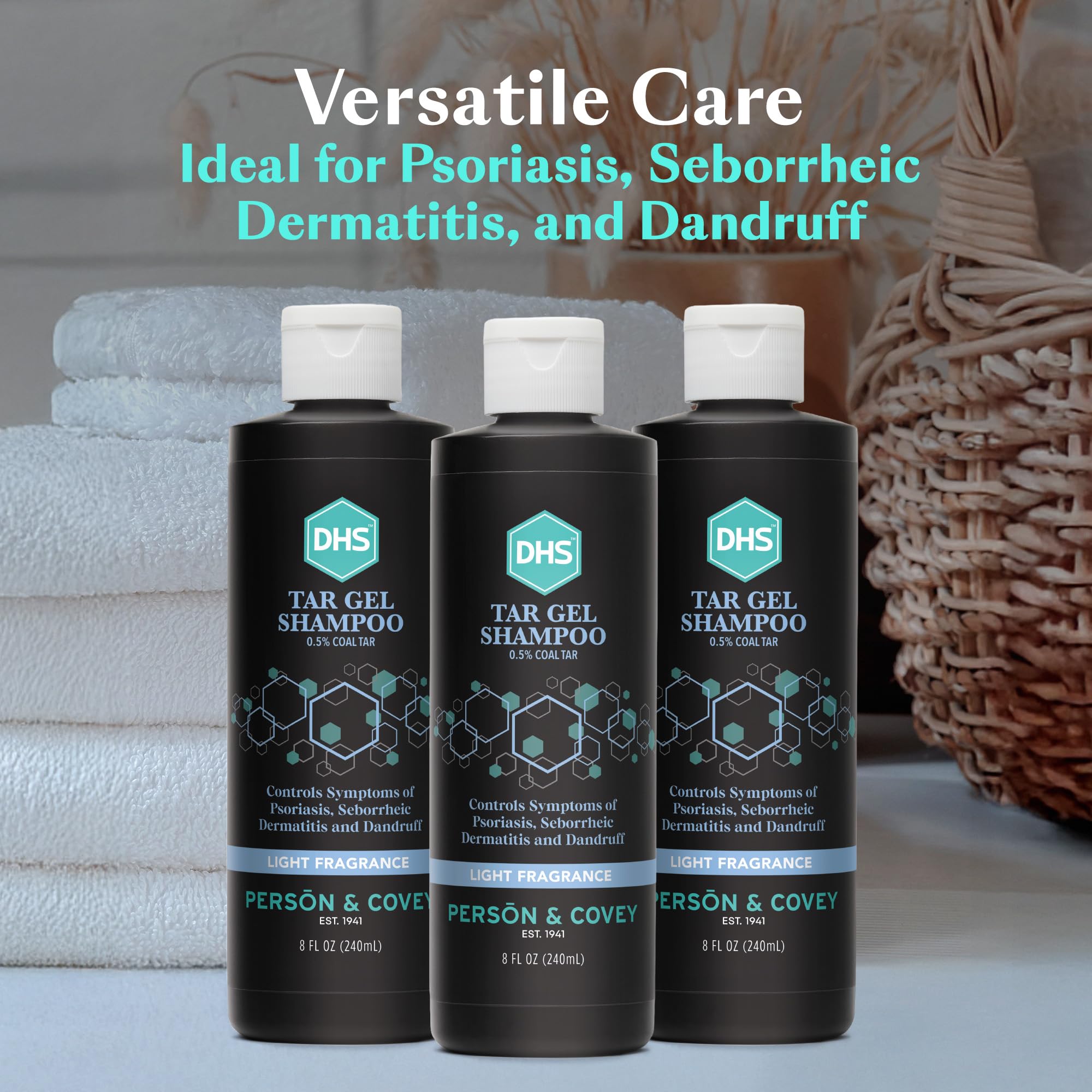 DHS T Gel Shampoo packaging shows 8 oz size.