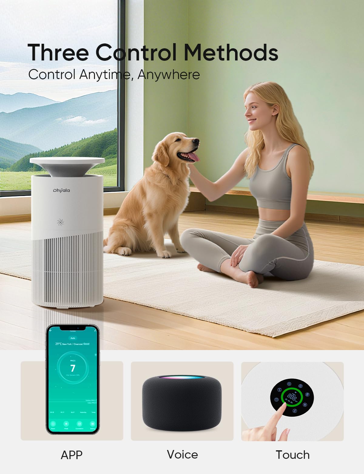 Dhyala smart app enables remote control and real-time air monitoring.