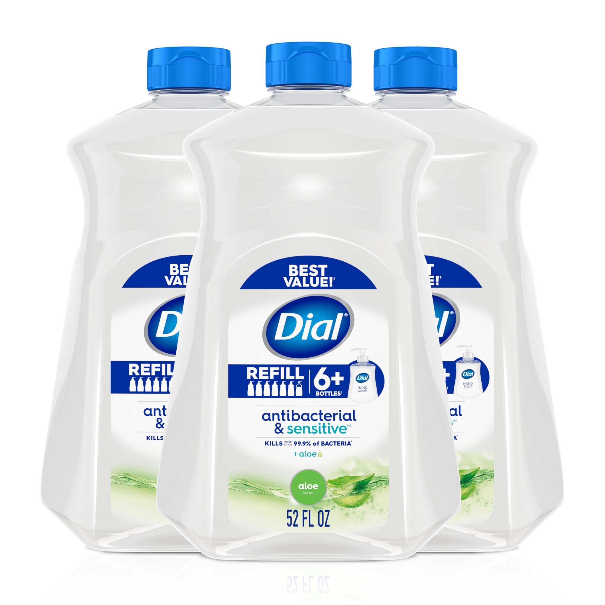 Dial Antibacterial Defense Aloe bottle pour shows easy refilling for quick handwashing.