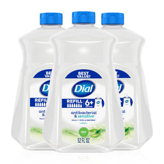 Dial Antibacterial Defense Aloe bottle pour shows easy refilling for quick handwashing.