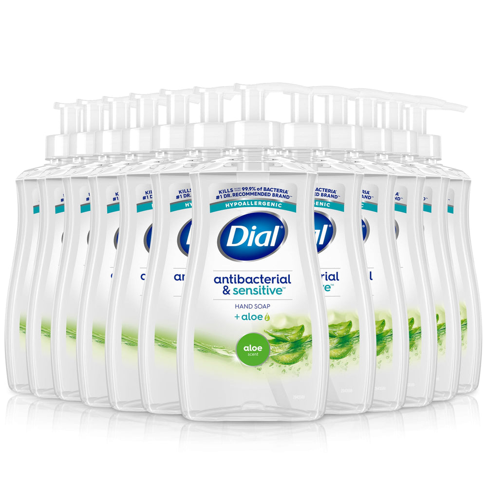 Dial Antibacterial Defense Aloe bottle with pump for everyday hand cleansing.