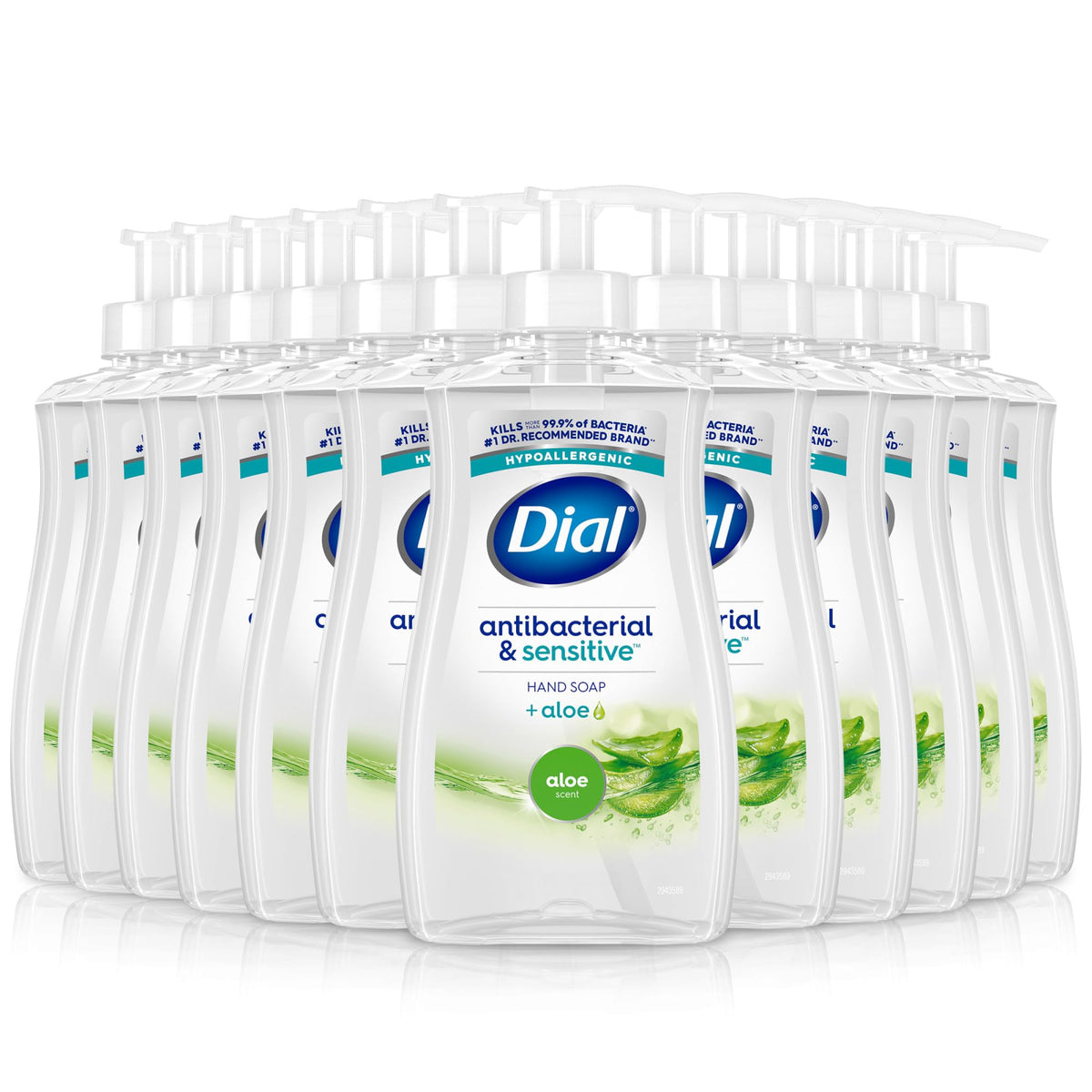 Dial Antibacterial Defense Aloe bottle with pump for everyday hand cleansing.